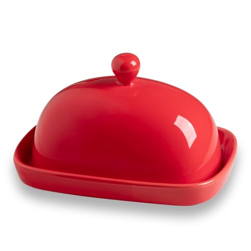 Sweejar Home Keramik-Butterdose mit Deckel für Arbeitsplatte, Porzellan-Butterbehälter mit Knauf, Butterbehälter für Ost-/Westküsten-Butter, 18,5 x 10,4 cm, Rot