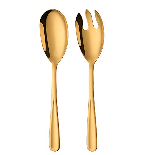 BISDARUN Salatlöffel und Gabel Set aus Edelstahl, Salatbesteck aus Edelstahl, goldfarben, großer Servierlöffel und Gabel, 30,5 cm Länge