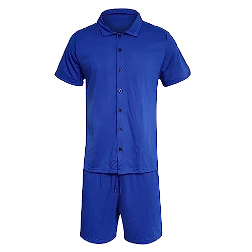 Mit Taschen Herren T-Shirt Shorts Set 2 Teiliges Sommer Herren-, modisch, Freizeit, Strand, Urlaub, einfarbig, kurzärmelig, Shorts, Baumwolle Leinen, zweiteilig Trainingsanzug Herren Sommer (Blue, XL)