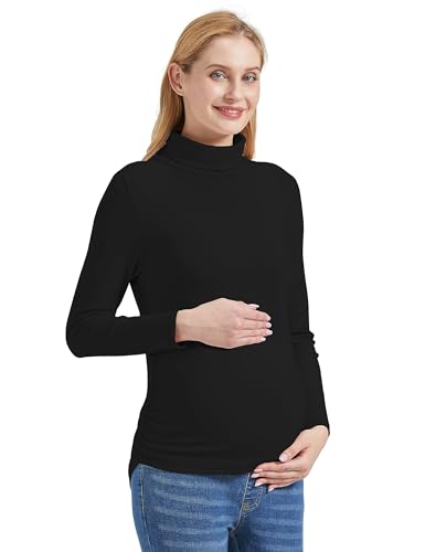 Gowjog Umstandsshirt mit Stehkragen,Langärmelig Basic Top,Umstandsmode Lange ärmel,Umstandsshirt Umstandsmode Oberteil,Damen Kostüme für Schwangere für den Täglichen Gebrauch (Schwarz,M)