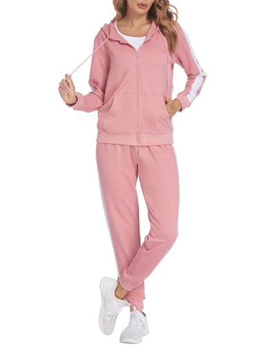 Parabler Damen Sport Anzug Rosa 2 teilig Jogginganzug Set Trainingsanzug Zwieteiler Hausanzug Elegante Sportkleidung Frauen Fitness M