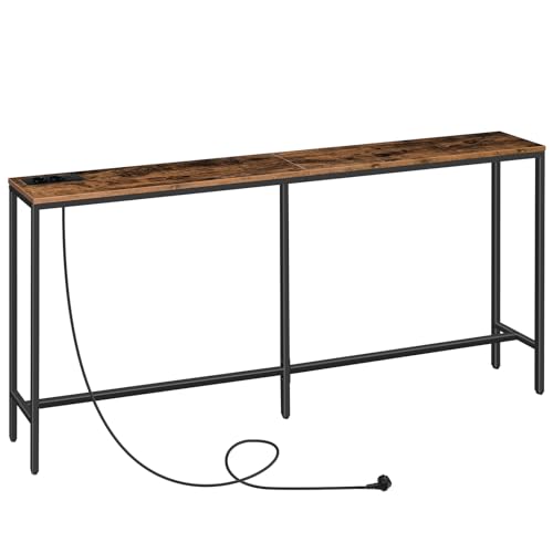 MAHANCRIS Konsolentisch mit Ladestation, 180 cm schmaler Sofatisch, industrieller Eingangstisch mit USB-Anschlüssen, Sofa-Beistelltisch für Eingang, Flur, Foyer, Wohnzimmer, Vintagebraun ACTHR18UE01