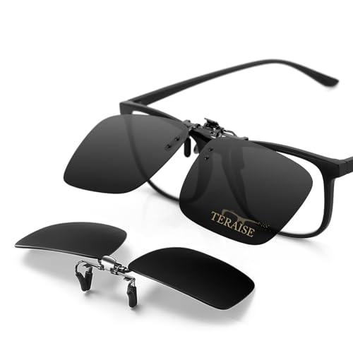 TERAISE Polarisierte Sonnenbrille Clip über Brillen Blendschutz UV400 clip on sonnenbrille für Männer Frauen Fahren (Schwarz-upgrade Flip)