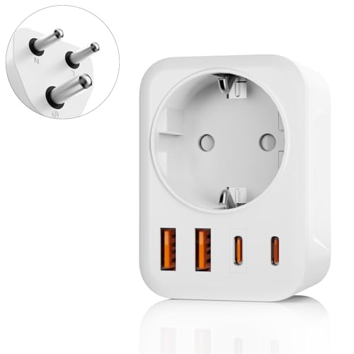 Oliveria Reiseadapter Indien, 5 in 1 Adapter Sri Lanka mit 1 AC & 2 USB-C & 2 USB-A(3.4A), 3-Polig Reisestecker Typ D für Indien, Sri Lanka, Bangladesch, Irak, Nepal, Nigeria typ d