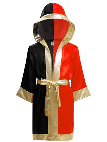 Fldy Kinder Boxer Kleidung Jungen Boxmantel Mit Kapuze Kickboxer Boxing Kleidung Jacke Seidenoptik Kapuzenmantel Robe Mit Gürtel Schwarz&Rot 110-116