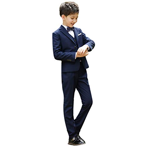 Anzug Kinder Jungen Einschulung Kleidung Set Gentleman Smoking Jacke Sakkos + Weiße Hemd + Hose + Fliege 4tlg Outfit Hochzeit Festliche Anzüge Geburtstagsparty Taufkleidung Navy Blau 11-12 Jahre