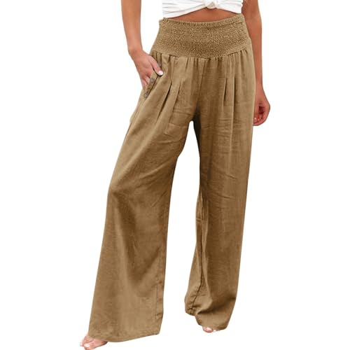Lagerverkauf Restposten Sommerhosen Damen Leicht Und Luftig Kurze Jeanshose Damen Damen Arbeitshose Leicht Sommerhose High Waist Elastische Taille Baumwoll Leinen Weite Hose Jogginghosen (Khaki, Xxl)