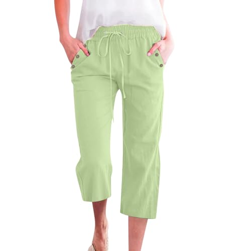Damenmode, einfarbig, Baumwolle, elastisch, lange Hose, Strand, Freizeit, Leinen, weite Beine, für Übergrößen, grün, L