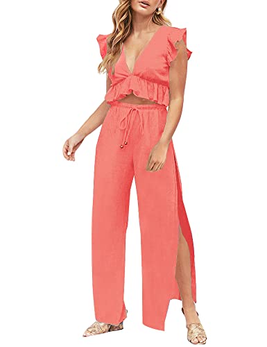 FANCYINN Damen Zweiteilige Outfits 2 Teiler Crop Top Sexy V-Ausschnitt Hose mit Seitenschlitz Kordelzug Sommer Strand Urlaub Lässig