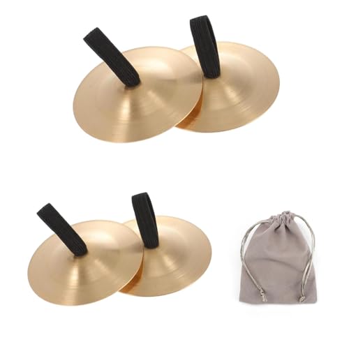 2 Paar Finger Becken Messing, Gold Fingerzimbeln Mini Brass, mit Gummiband Finger Cymbal Bauchtanz, mit Samt-Aufbewahrungsbeutel, Durchmesser 5,5 cm, für Partys und Tänze Verwendet