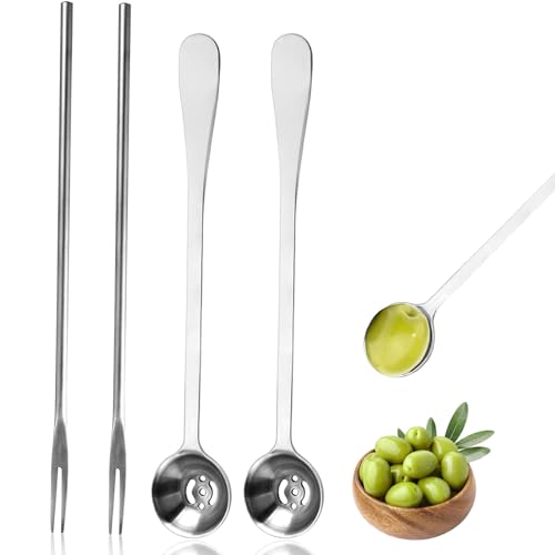 Sadoia 4 Stück 21,6 cm Gurkengabel und Olivenlöffel mit Abflussloch, Sieb, Edelstahl, langer Griff, Servierutensilien mit scharfer Spitze, Lebensmittelpicker für das Glas, Gurke, Rucola, Kaper, ZX072