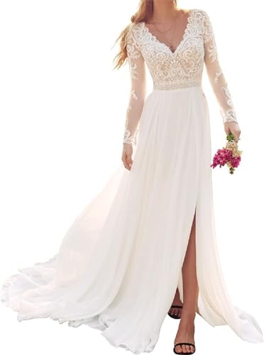 JAEDEN Boho Brautkleid Hochzeitskleider Damen Lang Spitzen Brautkleider Langarm Standesamtkleid Weiß 38