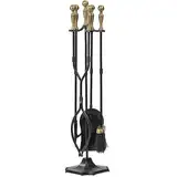 AMAGABELI 26.5"(67.3cm) 5-teilige Kaminbesteck Set Kamingarnitur mit Schmiedeeisen und Innenausstattung Kaminzubehör Kaminständer Feuerzange Schaufel Antikbürste Schornsteinschürhaken Gold.