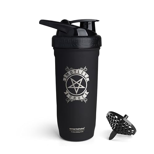 Smartshake Rockband Reforce Stainless Steel Protein Shaker Bottle 900 ml | 30 oz - Leakproof Screw-on Lid - BPA Free – Unisex - Mötley Crüe