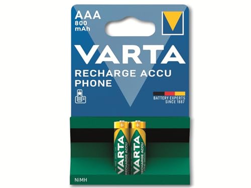 VARTA Batterien AAA, wiederaufladbar, 2 Stück, Recharge Accu Phone, Akku, 800 mAh Ni-MH, sofort einsatzbereit, geeignet für schnurlose Telefone