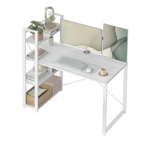 VASAGLE Schreibtisch, Computertisch mit Regalböden rechts oder Links, 120 cm breiter Bürotisch, für Arbeitszimmer, Homeoffice, einfacher Aufbau, ahornweiß LWD048W44
