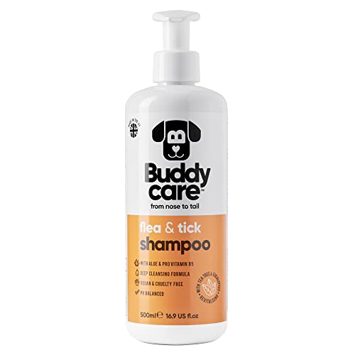 Buddycare Floh- & Zeckenhundeshampoo Beseitigt Flöhe, Zecken & Milben - Tiefenreinigungsshampoo für Hunde, Flohshampoo mit Teebaumöl & Eukalyptus für Hunde (500ml)