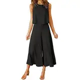 FANCYINN Damen Sommer 2-teiliges Outfit ärmellos Rundhals Tanktop gekürzte Weite Beinhose Schwarz L