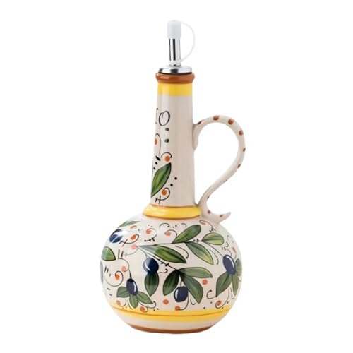 Wmool Italienische Olivenölspenderflasche aus Keramik, 652 ml, handbemalte Olivenölflaschen, dekorative Steinzeug-Olivenöl-Flasche für Küche mit Edelstahlauslauf für Öle, Saucen, Essig