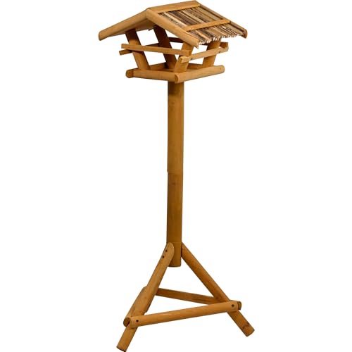 dobar® 48000FSC Vogelfutterhaus inkl. Ständer - Vogelfutterstation aus Holz mit Schilf-Dach - Vogelhaus mit Dreibeinständer - Vogelvilla für Garten/Terrasse/Balkon - 44 x 44 x 101 cm - Natur