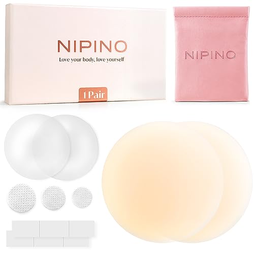 NIPINO® Nippelpads - Damen Nipple Cover mit Fashion Tapes | Wiederverwendbare Brustwarzen Abdeckungen | Unsichtbare Nippel Pads aus Hochwertigen Silikon [8 cm Ø]