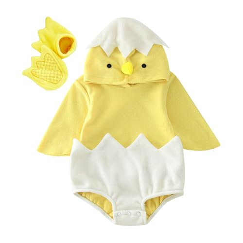 Baby Body Junge Mädchen Cartoon Küken Ostern Strampler Kostüm Langarm Kapuzen Fleece Strampler Niedlich Schuh Halloween Kleidung Sets Karneval Party Cosplay set Overall für Neugeborene 3-24 Monate