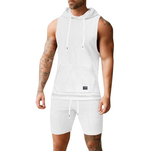 Männer Kapuzen Tank Tops Ärmelloses Gym Shirt Sweat Shorts Hoodie Set 2 Stück Outfits Jogginganzüge Herren 29(Weiß,M)