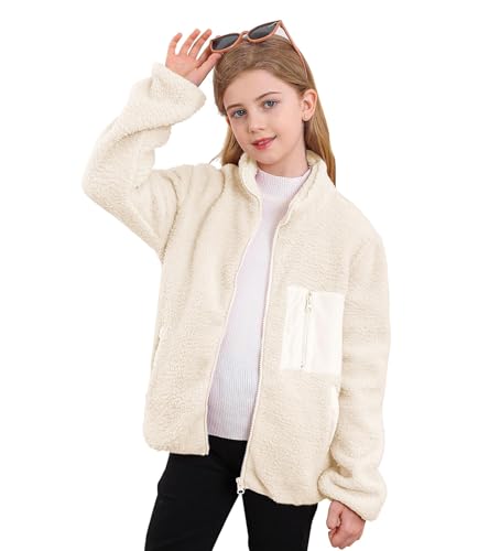 ALISISTER Mädchen Sherpa-Fleecejacke mit Durchgehendem Reißverschluss weißer flauschiger Mantel mit Taschen für Herbst Winter Oberbekleidung 5–6 Jahre