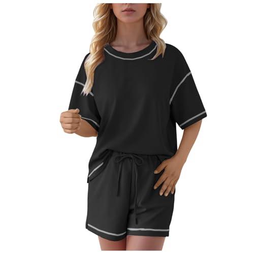 Kleidung Damen Set für Damen, Yoga, Sport, Pyjama-Set mit Taschen Nachtwäsche Sexy Kurz(Schwarz,L)