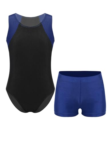 Sxiwei Kinder Turnanzug Jungen Gymnastik Trikot Tanzen Ballet Kleidung Set Ärmellos Trikotanzug mit Shorts Ballttkleidung Navy blau A 134-140