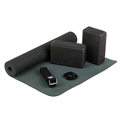 Bodhi Yoga Starter-Set Komplett | Set bestehend aus: 1 Yogamatte aus TPE, 2 Yoga-Bricks aus Eva (Moosgummi) und 1 Yoga-Gurt aus Baumwolle | Einsteiger-Set für Yoga-Anfänger (Schwarz)