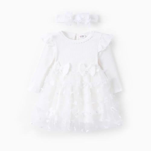 PATPAT Baby Mädchen Tüllkleid mit Langen Ärmeln, Tutu Kleid Kleinkind Mädchen, Perfekt als Blumenmädchen Kleid oder Weihnachtsfeier Geburtstags Langarm Prinzessin Kleid, Weiß, 3-6 Monate