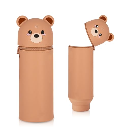 Silikon Federmäppchen mit Tierdesign - Süßes 2-in-1 Schulmäppchen aus weichem Silikon | Federmappe & Stiftehalter | Schlampermäppchen für Schule, Büro (Braunbär)