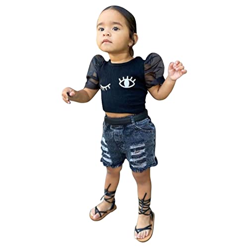 2 StÜcke Sommerkleidung Outfits Set Bekleidungssets Gerippter Tüll T-Shirt Hemden Mit Blasenärmeln + Jeans Shorts Hosen Für Kleinkinder Kinder Mädchen 1-5 Jahre (Black, 3-4 Years)