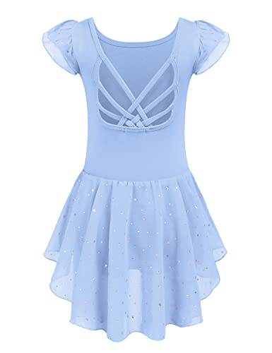 Arshiner Kinder Ballettkleid Rückenfrei Mädchen Kurzarm Ballettkleidung Baumwolle Tanzkleid Ballett Turnanzug Blau Balletttrikot mit UnregelmäßIges Ballettrock 150/7-8 Jahre