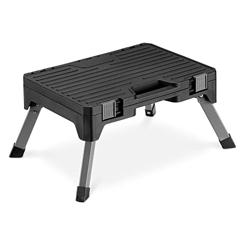 Navaris 2-in1 Tritthocker mit Stauraum für Werkzeuge - Tragbarer Klapphocker inkl. leerer Werkzeugkoffer - Wohnwagen Zubehör Tritt Erhöhung Faltbar
