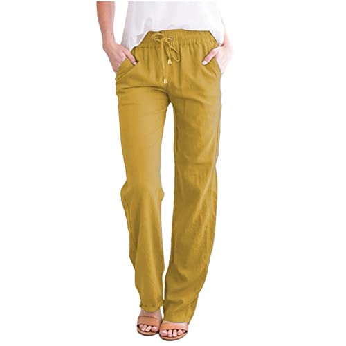 QWUVEDS Lässige elastische Leinen gerade Baumwolle Frauen Lange Hosen Taille Outdoor Hose Damen Wasserdicht Atmungsaktiv (h-Yellow, XL)