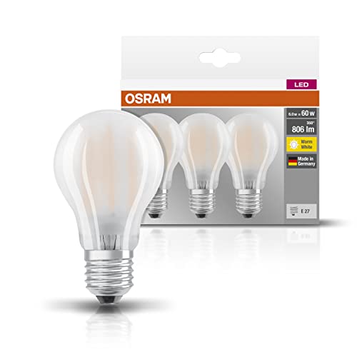 Osram LED Base Classic A Lampe, in Kolbenform mit E27-Sockel, nicht dimmbar, Ersetzt 60 Watt, Matt, Warmweiß - 2700 Kelvin, 3er-Pack