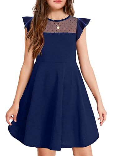 Arshiner Sommerkleid Mädchen A-Linie Elegant Casual Partykleid Prinzessin Kleid Sommer Kurzarm Navyblau 165