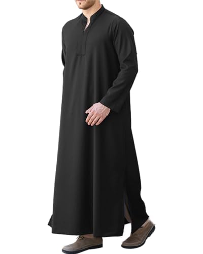 LVCBL Herren Thobe Langarm Kaftan Herren V-Ausschnitt Rollärmel Kaftan Schwarz 3XL