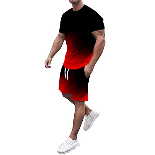 Fulidngzg Trainingsanzug für Herren Sommer Sportanzug 2 Teiliges Outfit Set Kurzarm Sportanzug T-Shirts mit Rundhalsaussch Retro Übergröße Anzug Baumwolle Kurz Oberteil Set