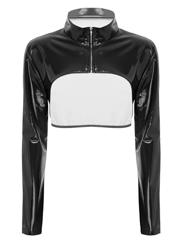 inhzoy Damen Wetlook Top Lack Leder Crop Jacke Bauchfrei Langarm Latex Ledershirt Mit Stehkragen Reißverschluss Party Clubwear Rave Gogo Schwarz 3XL