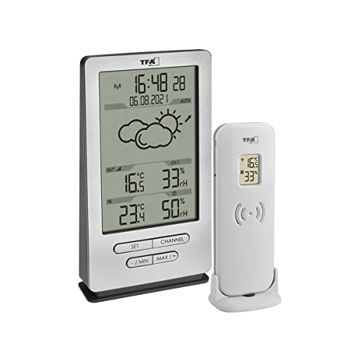 TFA Dostmann Funk Wetterstation Xena, 35.1162.54, mit Außensensor, Innen und Außentemperatur, mit Wettervorhersage, inkl Funkuhr, Luftfeuchte, zum Stellen/Hängen, silber