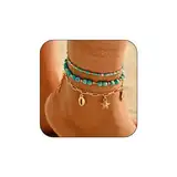 Reaky Boho-Fußkettchen, Muschel-Knöchelarmbänder, vergoldet, 3 Stück, türkisfarbene Fußketten, Seestern, Strandschmuck für Frauen