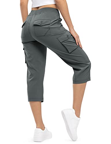 donhobo 3/4-Hosen für Damen Cargo Capris Outdoorhose Schnell Trocknende Wanderhose Shorts Trekkinghose Camping Sommer Atmungsaktiv Freizeit Hose (Dunkelgrau, L)