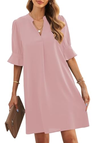 ANFTFH Fließende Kleider für Frauen Damen Rüschenärmel Split V-Ausschnitt Gerade Fit Solid Color Slim Kleid Freizeitkleider für Frauen Grau Rosa S