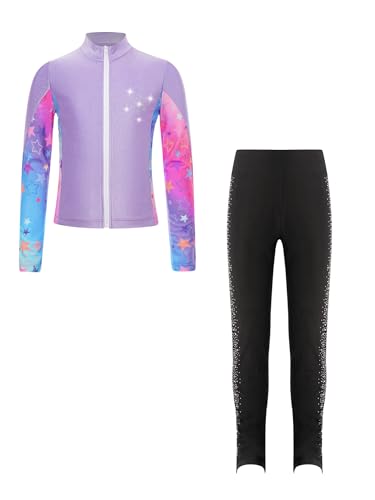 Freebily Kinder Eiskunstlauf Anzug Mädchen Bedruckte Jacke Glitzer Strass Eiskunstlauf Hose Set Wettkampf Workout Sport Outfit Skating Suit Violett 110-116