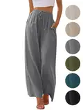 Puimentiua Sommerhose Damen Leicht,Sommer Leinenhosen,Palazzo Hose,Wide Leg Pants,Elegant Stoffhose,Luftig Sommerhosen,Lockere Hosen mit Weite Bein und Tunnelzug,Women Leinen (Hellgrau,XL)