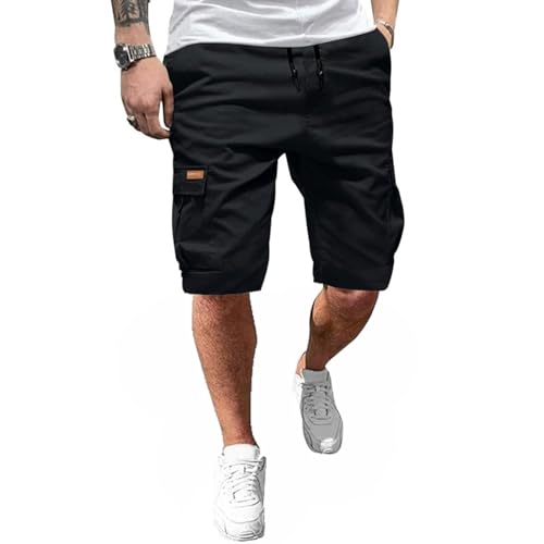 Ougelebo Kurze Hosen Herren Cargo Shorts Herren Sommer Cargohose Kurz Baumwolle Freizeithose Männer Men's Shorts Elastische Taille mit Tunnelzug Schwarz XXL