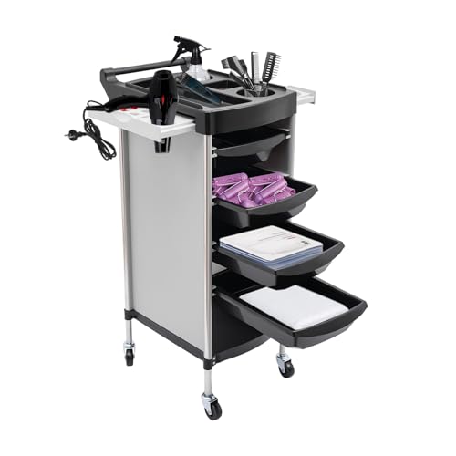 Rollwagen Friseurwagen Arbeitswagen Bedienungswagen Stapelboy Arbeitskasten Rot Rollregal Salon Trolley für Friseurladen Beauty Salon mit 5 Schubladen, Föhnhalter und 4 Rollen, 36 x 37 x 85cm, Weiß